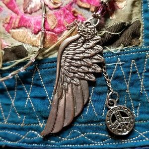 Angel wing necklace and peace sign layered necklace silver
